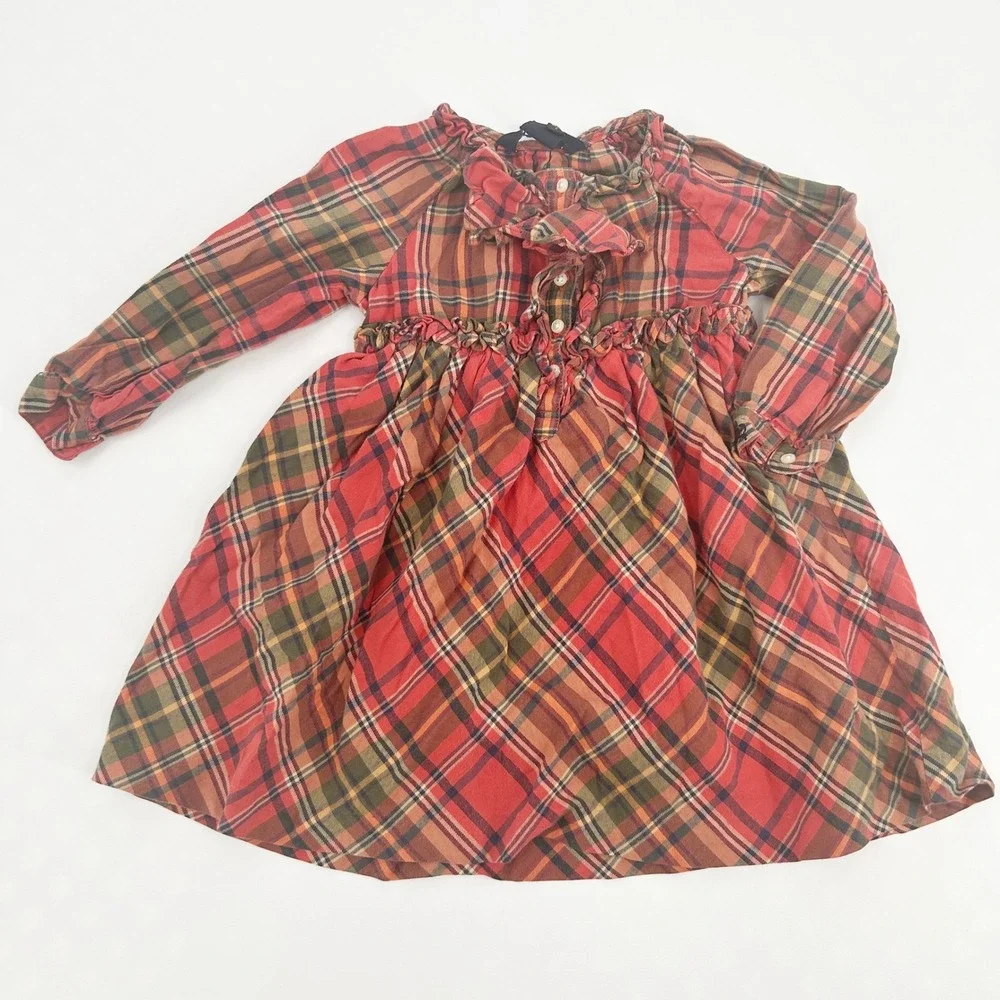 Ralph Lauren Baby Girls Tartan Plaid Long Sleeve‎ Ruffle Fall Cotton Dress 24M